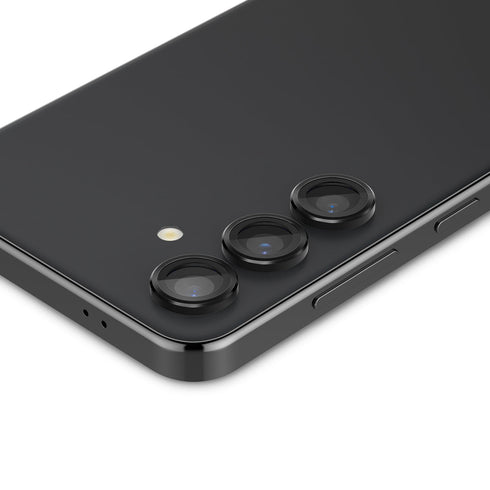AGL07425 - Galaxy S24 Ultra Optik Pro EZ Fit Lens Protector in Black showing the camera lens protector hovering above another lens protector tray and device showing back